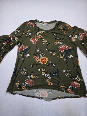 Falls Creek 1X Floral Print Olive Green Long Sleeve Top For Women